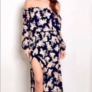 Lac Bleu Navy Crinkle Floral Lng Sleeve Maxi Dress